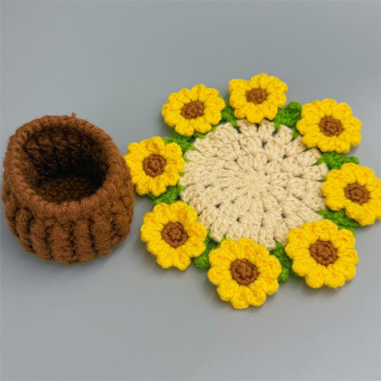 Handmade Crochet Sunflower Coaster Set 2-in-1 Crochet Sunflower Coaster and Bouquet Decorative Gift Practical and Fun Sunflower Coaster Set Multi-Use Home Accessory