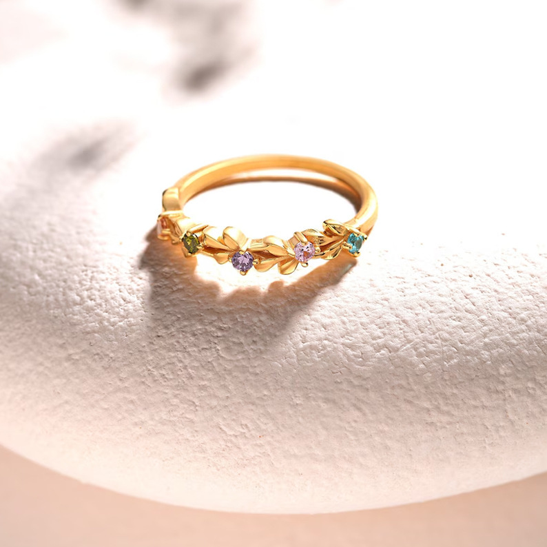 Personalized Mothers Ring With 1 To 5 Birthstones Custom Family Birthstone Ring Personalized Floral Engraved Mother's Day Gifts