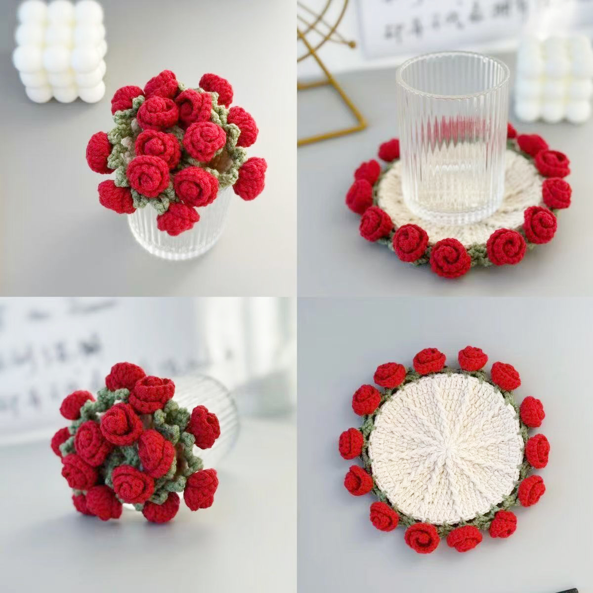 Mother's Day Gifts Handmade Crochet Rose Bouquet Coaster Set Transformable Floral Coaster & Home Decor Unique Eco-Friendly Gift
