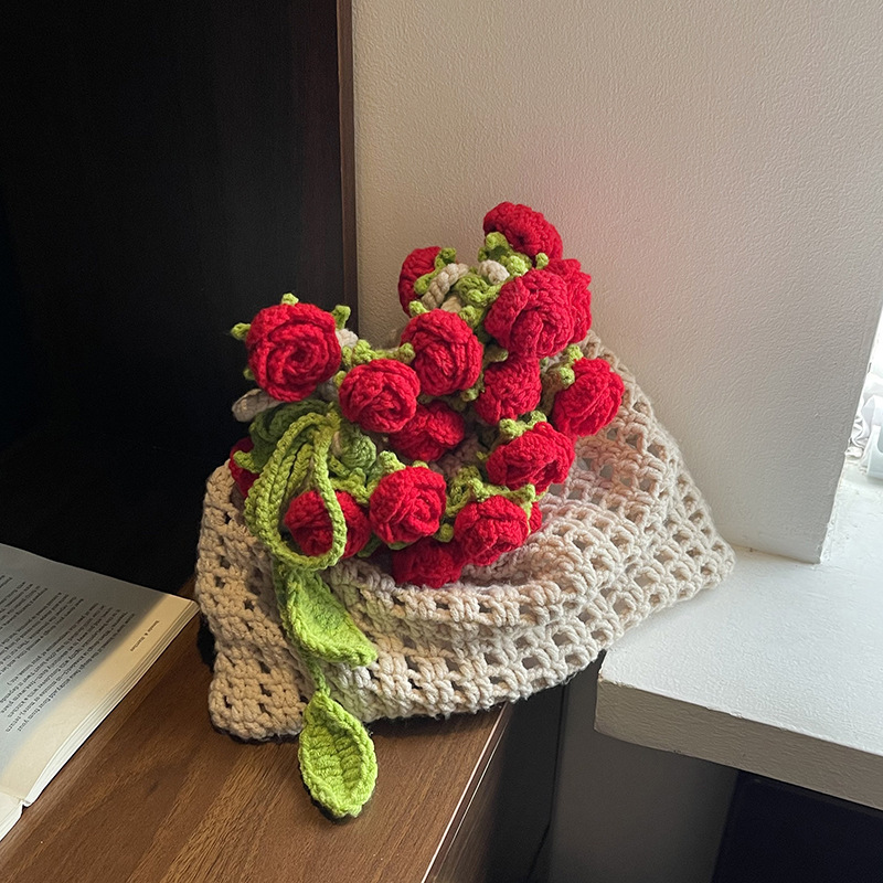 Hand-Crocheted Rose Drawstring Tote Bag Artisan Handmade Boho Crochet Tote Bag with Floral Detail Rose Drawstring Shoulder Bag