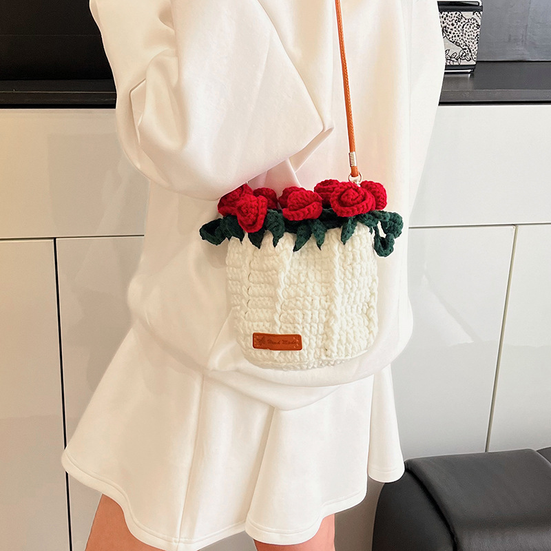 Hand-Knitted Rose Top Mini Shoulder Bag Cute Crocheted Drawstring Purse Floral Crochet Mini Bag Handmade Rose Detail Crossbody Purse