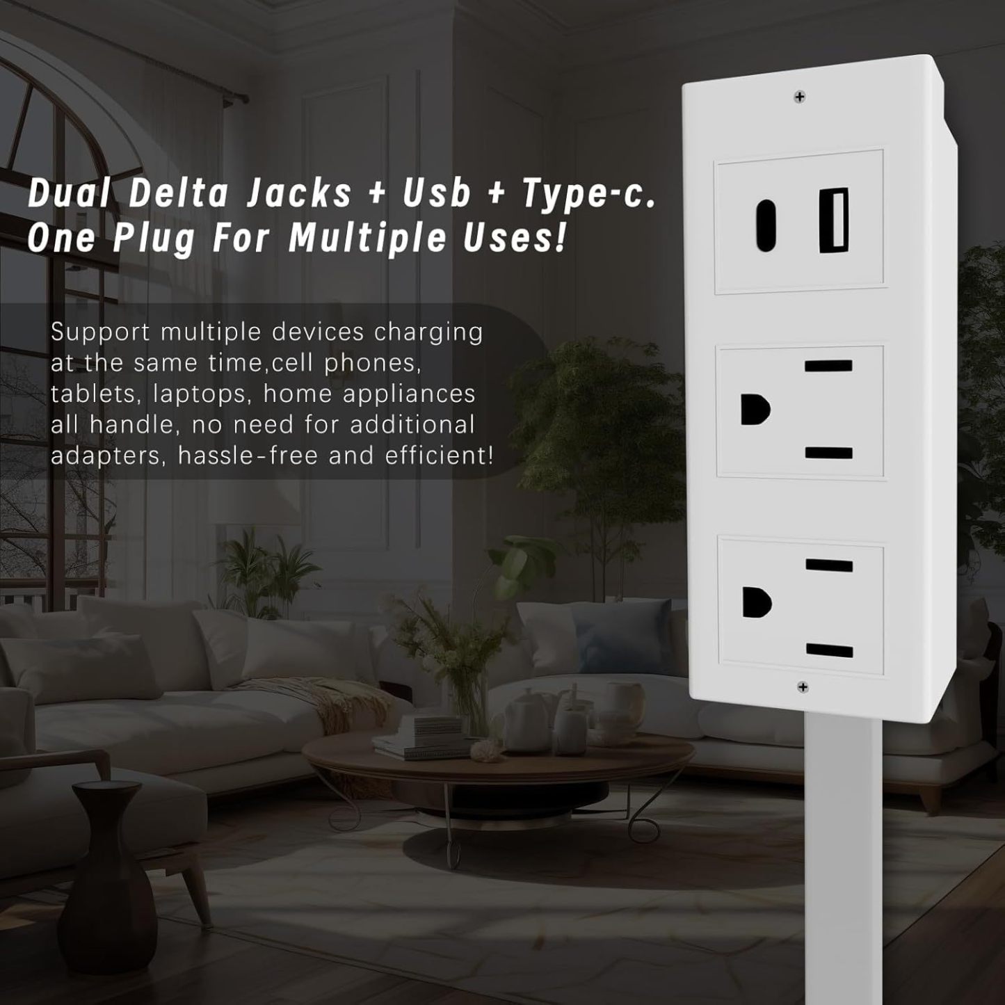 Telescopic Wall Mount Power Strip with 2 AC Outlets, USB-A, USB-C Ports & 1800J Surge Protection Adjustable Swivel Plug for Clutter-Free Charging