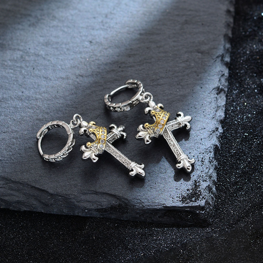 Rotating Crown Cross Dangle Earrings Majestic Cross Drop Earrings Crown Embellished & Rotatable