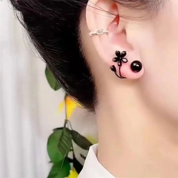 Black Pearl & Flower Ear Jacket Earrings, Modern Floral Stud Earrings Two-Way Floral Earring Jackets, Black Pearl Stud & Crystal Flower Design