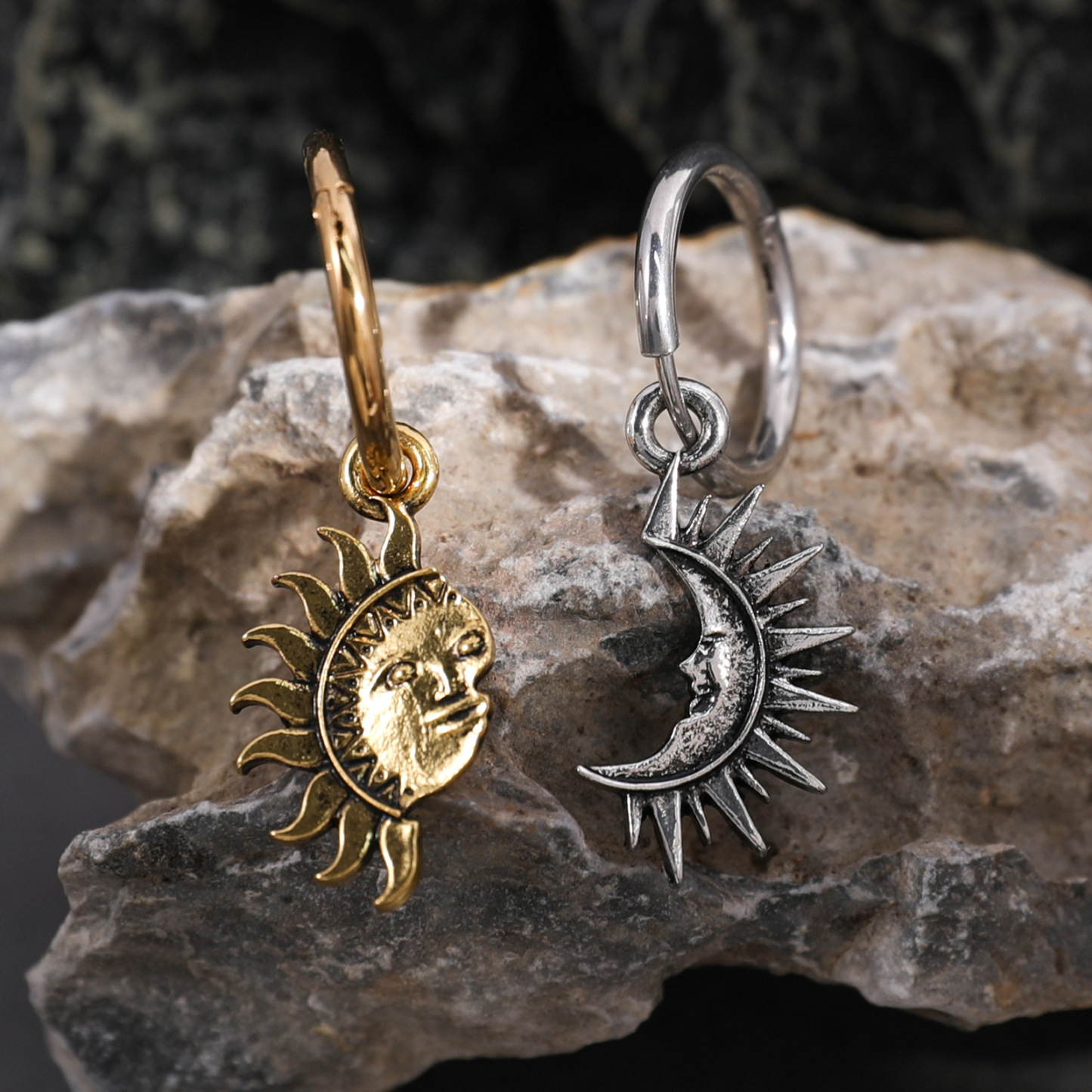 Sun and Moon Celestial Jewelry Set Asymmetrical Hoop Earrings & Matching Necklace for Couples Celestial Jewelry Boho Sun-Moon Necklace