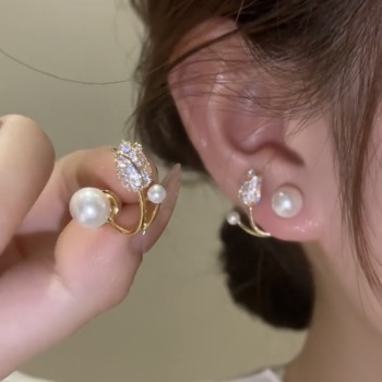Elegant Tulip Ear Jacket Earrings, Floral Pearl & Rhinestone Studs, Two-Way Flower Ear Cuffs