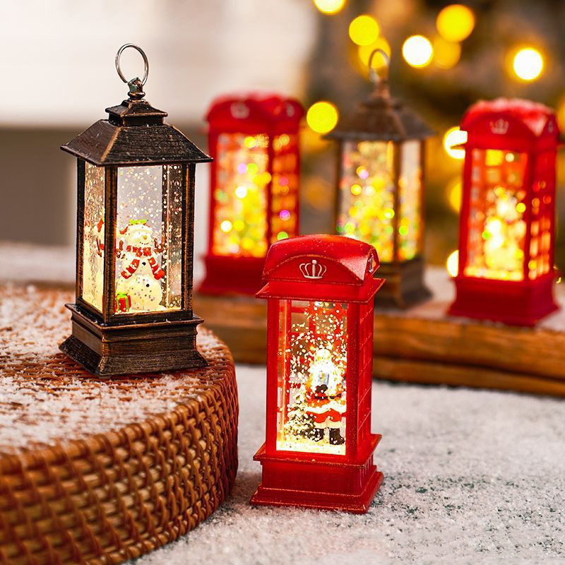 Vintage LED Christmas Lantern Night Light  Retro Christmas Snow Globe Lantern Lighted Christmas Scene Phone Booth/Lantern Christmas Decor