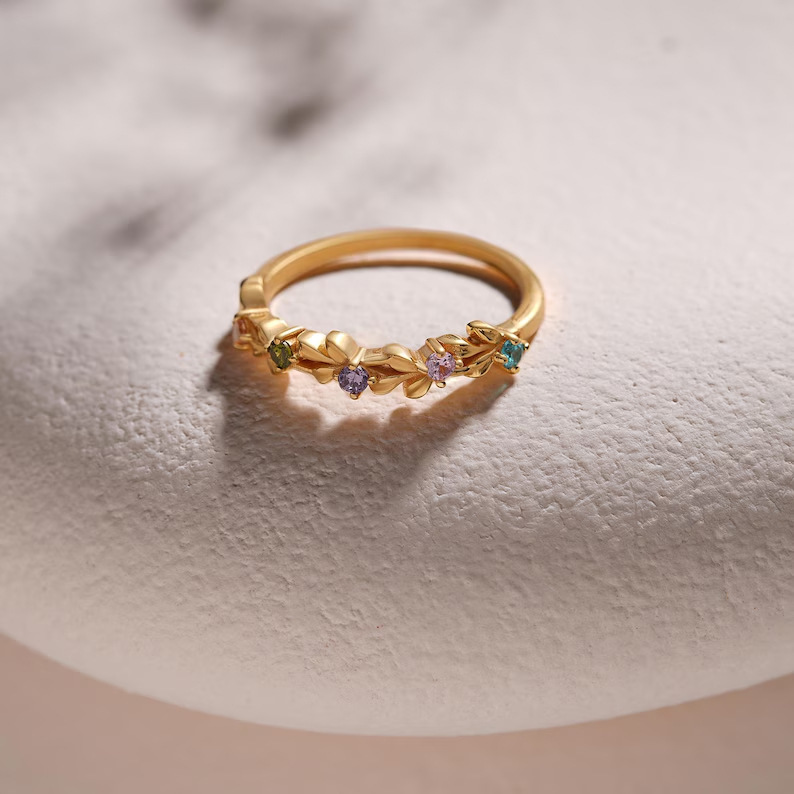 Personalized Mothers Ring With 1 To 5 Birthstones Custom Family Birthstone Ring Personalized Floral Engraved Mother's Day Gifts