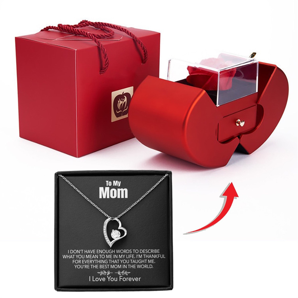 Mother's Day Gifts Preserved Real Rose with Sparkling Diamond To My Mom Necklace with Luxurious Preserved Real Rose Box and Message Card