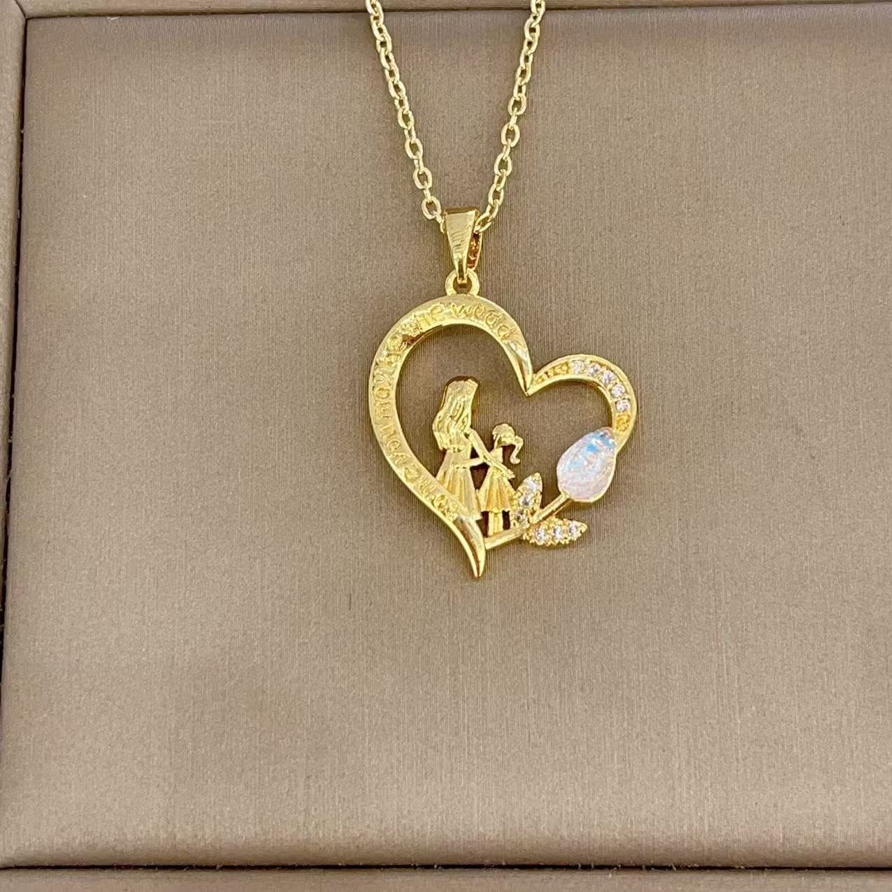 Mother's Day Gifts Heart-shaped Tulip Mother's Love Necklace Mother Daughter Heart Pendant Necklace Heart with Mother and Child