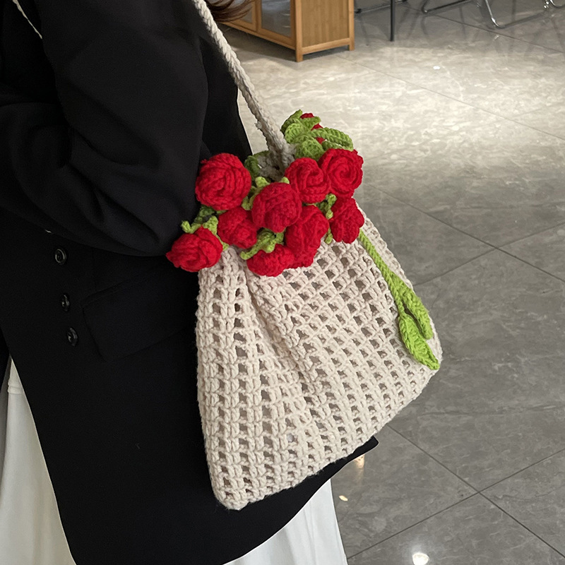 Hand-Crocheted Rose Drawstring Tote Bag Artisan Handmade Boho Crochet Tote Bag with Floral Detail Rose Drawstring Shoulder Bag