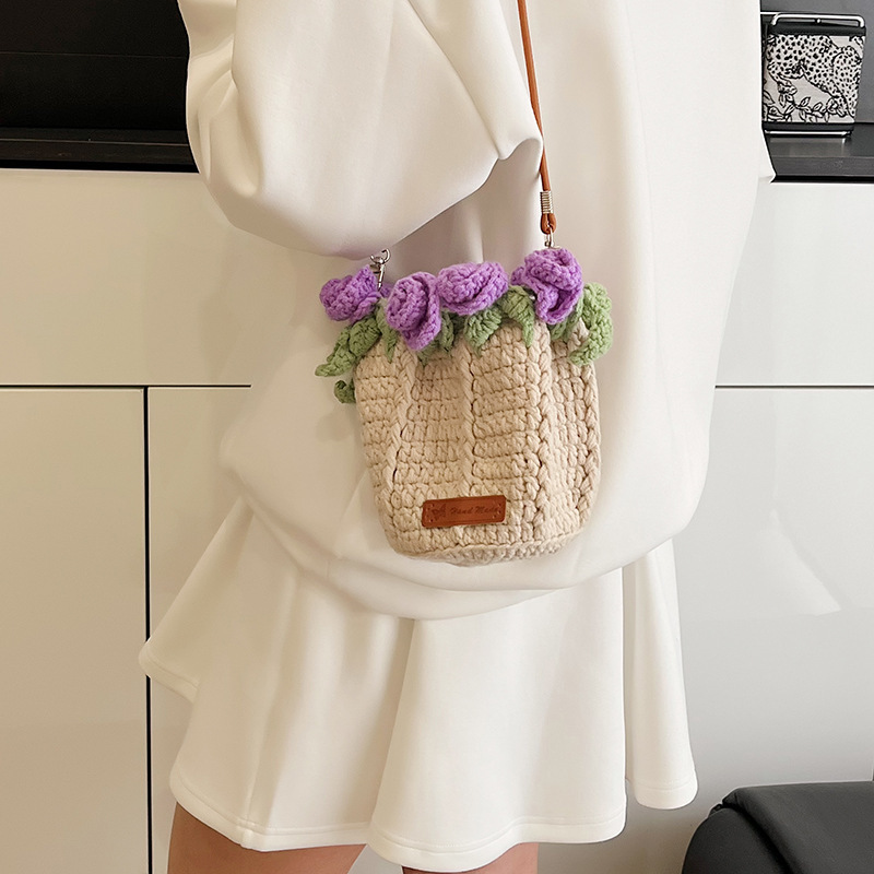Hand-Knitted Rose Top Mini Shoulder Bag Cute Crocheted Drawstring Purse Floral Crochet Mini Bag Handmade Rose Detail Crossbody Purse