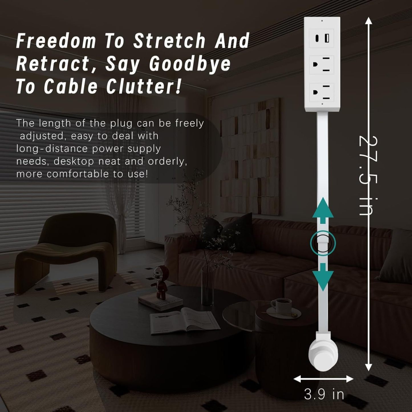 Telescopic Wall Mount Power Strip with 2 AC Outlets, USB-A, USB-C Ports & 1800J Surge Protection Adjustable Swivel Plug for Clutter-Free Charging