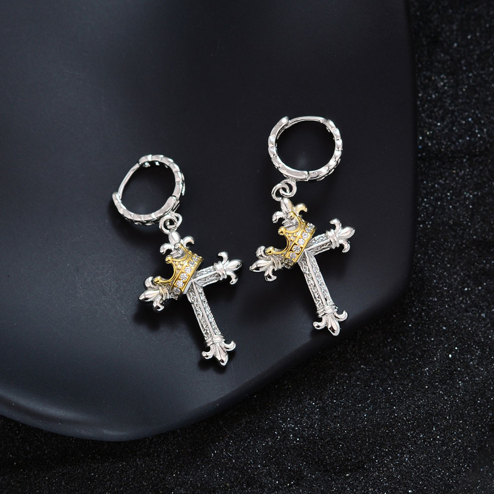 Rotating Crown Cross Dangle Earrings Majestic Cross Drop Earrings Crown Embellished & Rotatable