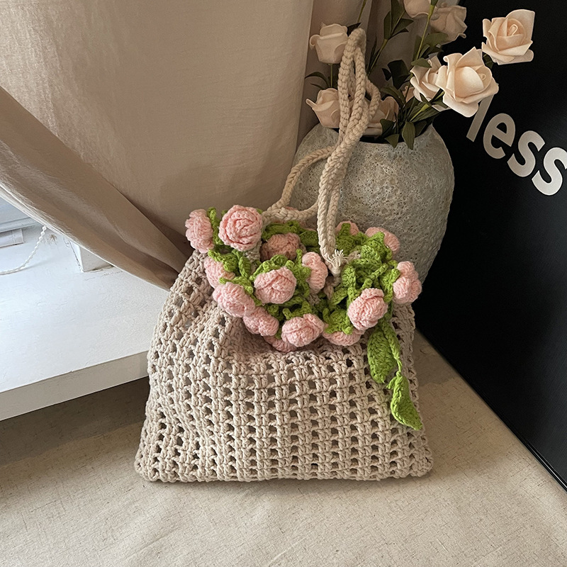 Hand-Crocheted Rose Drawstring Tote Bag Artisan Handmade Boho Crochet Tote Bag with Floral Detail Rose Drawstring Shoulder Bag