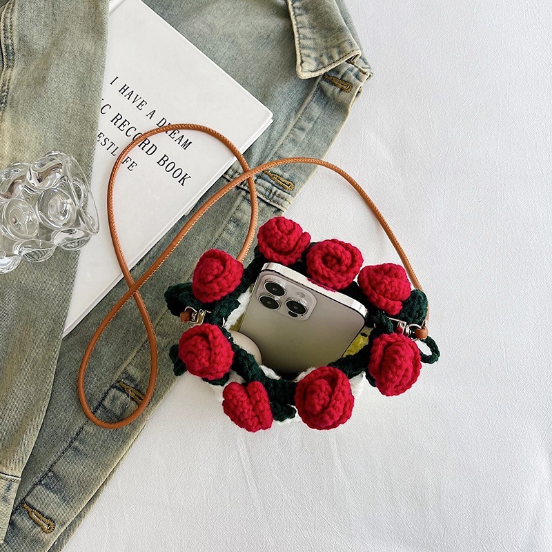 Hand-Knitted Rose Top Mini Shoulder Bag Cute Crocheted Drawstring Purse Floral Crochet Mini Bag Handmade Rose Detail Crossbody Purse