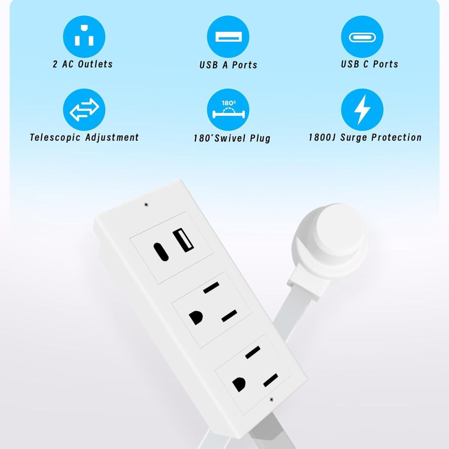 Telescopic Wall Mount Power Strip with 2 AC Outlets, USB-A, USB-C Ports & 1800J Surge Protection Adjustable Swivel Plug for Clutter-Free Charging