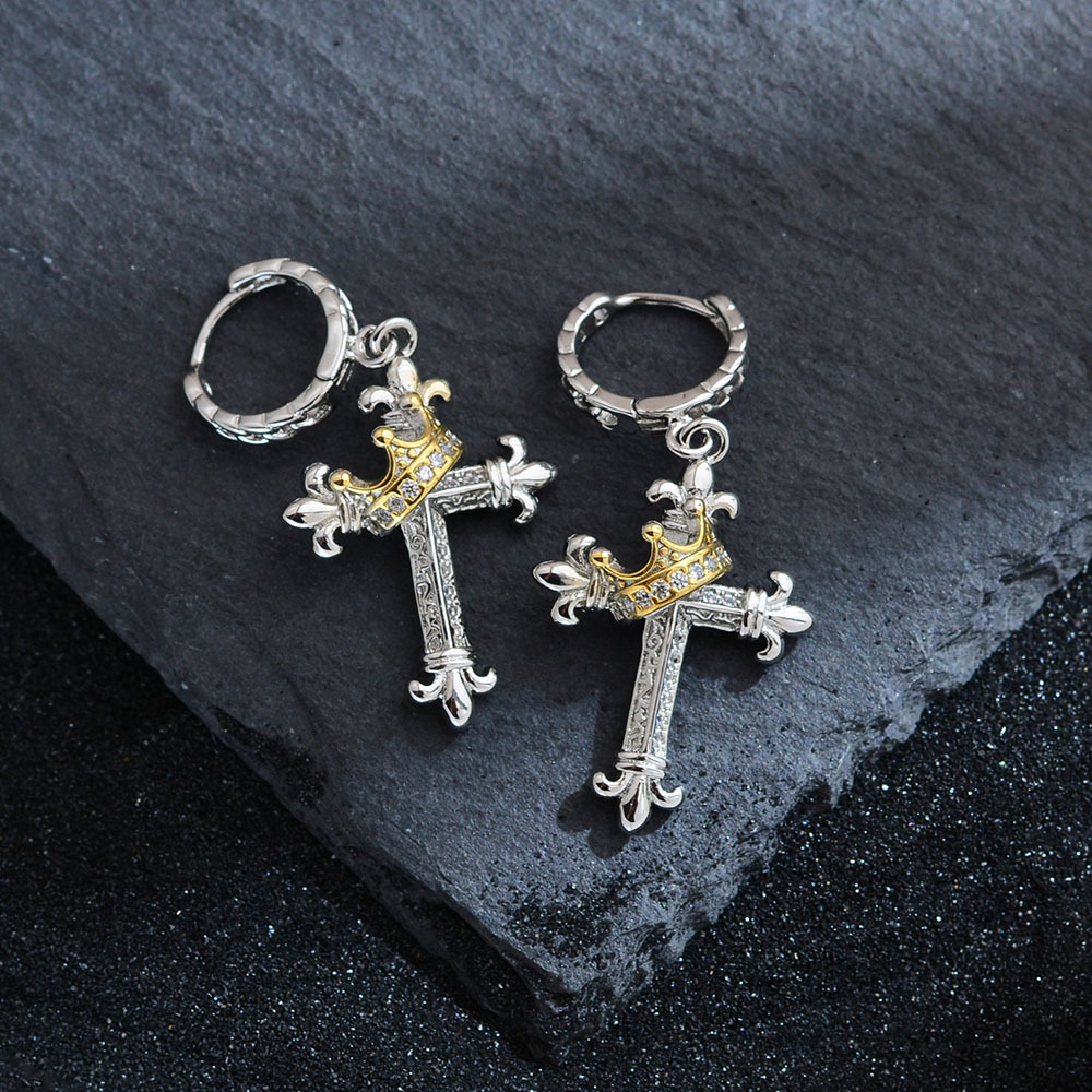 Rotating Crown Cross Dangle Earrings Majestic Cross Drop Earrings Crown Embellished & Rotatable