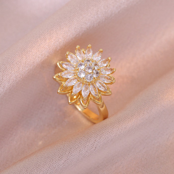 Elegant Sunflower Spinner Ring for Women Sparkling Zircon Anxiety Fidget Jewelry Adjustable Stress Relief Sunflower Ring 