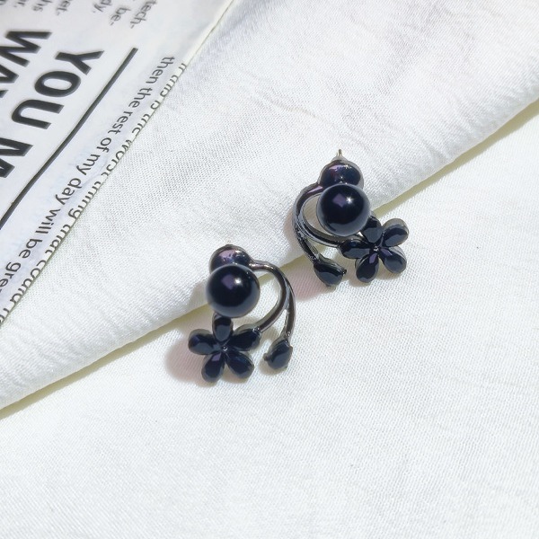 Black Pearl & Flower Ear Jacket Earrings, Modern Floral Stud Earrings Two-Way Floral Earring Jackets, Black Pearl Stud & Crystal Flower Design