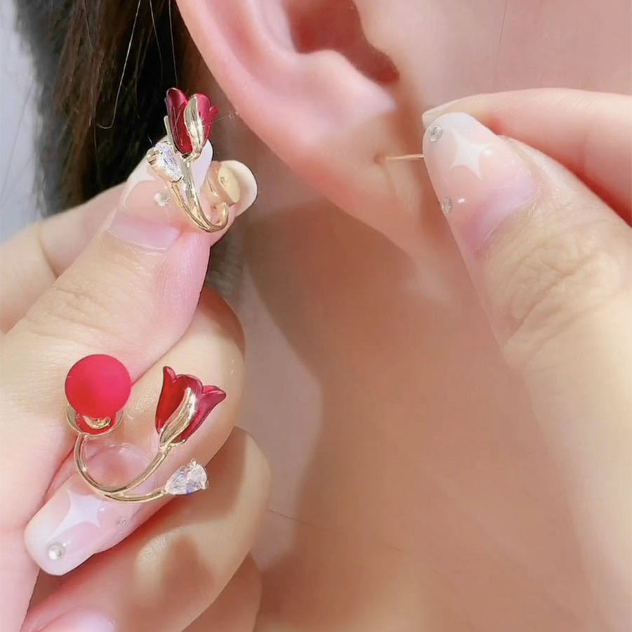 Elegant Tulip Ear Jacket Earrings, Floral Pearl & Rhinestone Studs, Two-Way Flower Ear Cuffs