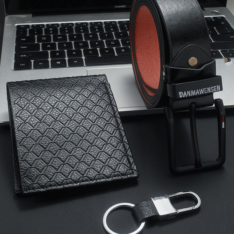 Father's Day Gifts Premium Men's Gift Set Sophisticated 3-Piece Men's Accessories Gift Box Leather Belt, Wallet & Keychain