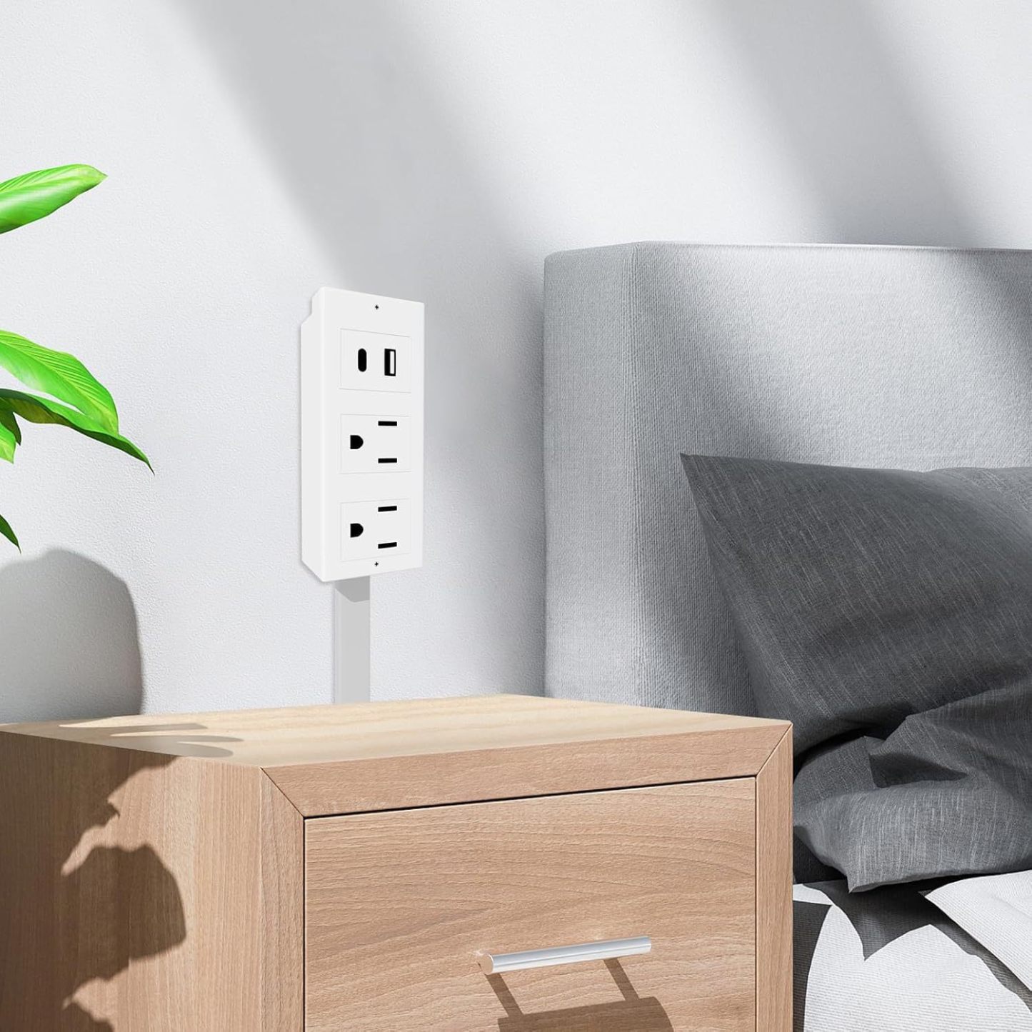 Telescopic Wall Mount Power Strip with 2 AC Outlets, USB-A, USB-C Ports & 1800J Surge Protection Adjustable Swivel Plug for Clutter-Free Charging