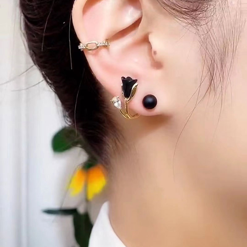 Elegant Tulip Ear Jacket Earrings, Floral Pearl & Rhinestone Studs, Two-Way Flower Ear Cuffs