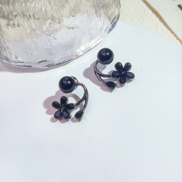 Black Pearl & Flower Ear Jacket Earrings, Modern Floral Stud Earrings Two-Way Floral Earring Jackets, Black Pearl Stud & Crystal Flower Design