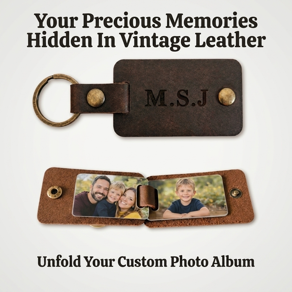 Personalized Inscription Leather Photo Keychain Custom Text Multi Picture Keyring Father's Day Gift for Best Dad Ever