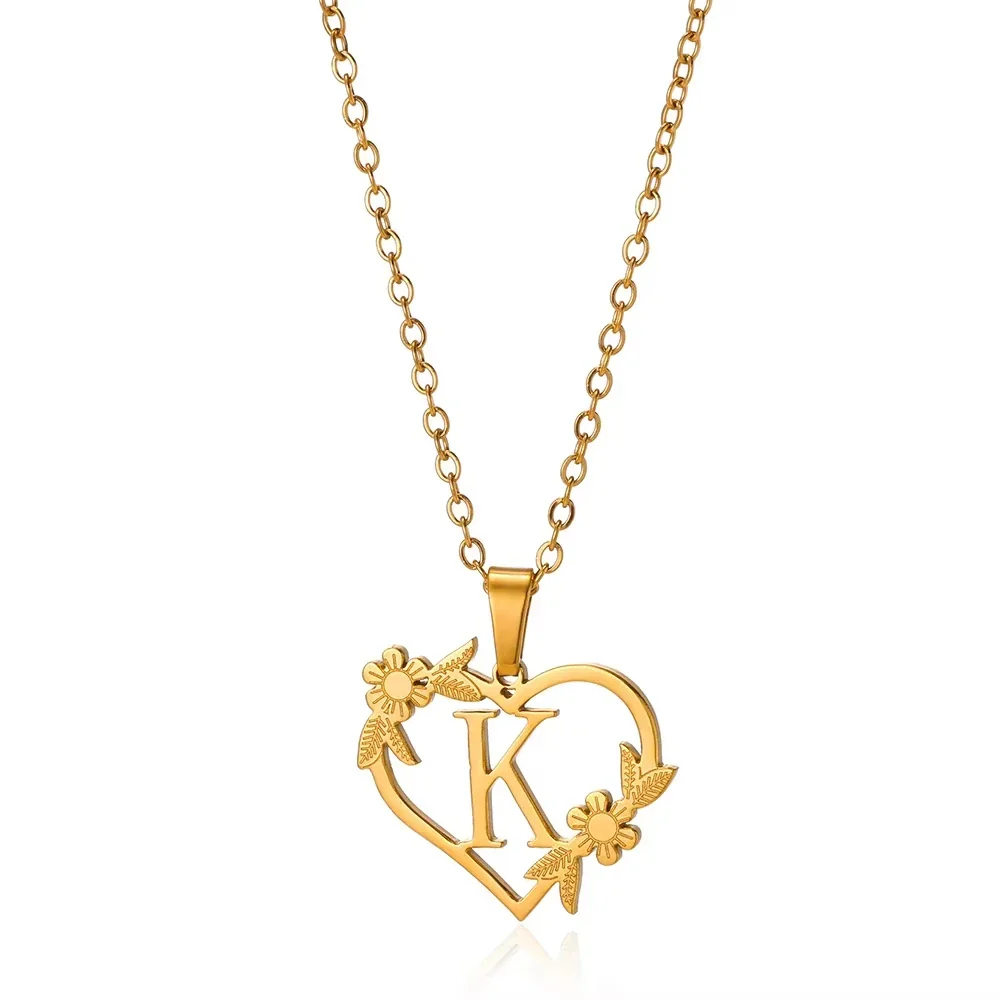 Initial Heart Necklace with Flower Charm Heart Letter Pendant Personalized Floral Initial Necklace Bloom Heart Letter Necklace