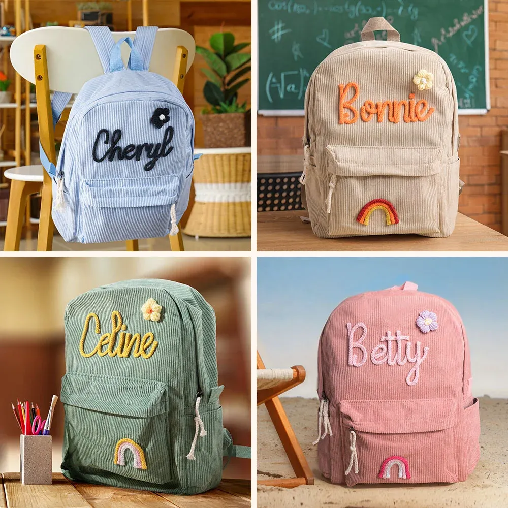 Personalized Braided Flower Rainbow Name Corduroy Kid Toddler Backpack for Preschool Kindergarten Birthday Back to School Gift for Boys Girls