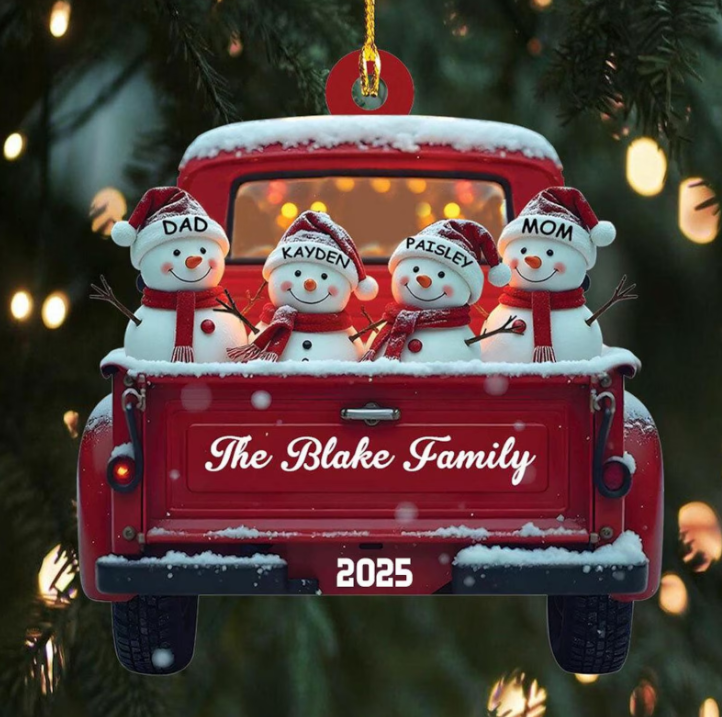 Personalized Snowman Family Christmas Ornament, Red Truck Christmas Ornament Snowman Ornament & Custom Name Ornament