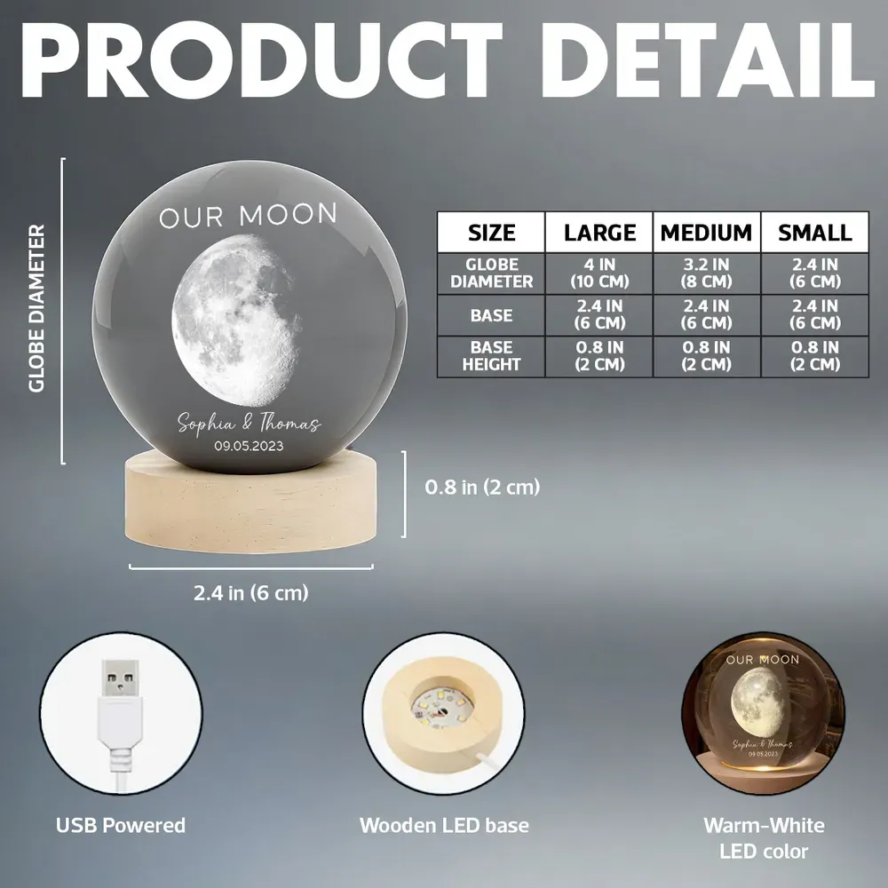 Personalized Our Moon Special Day Crystal Ball LED Night Light Custom Moon Phase Night Light for Couples Romantic Anniversary Gift Valentine's Day Gifts