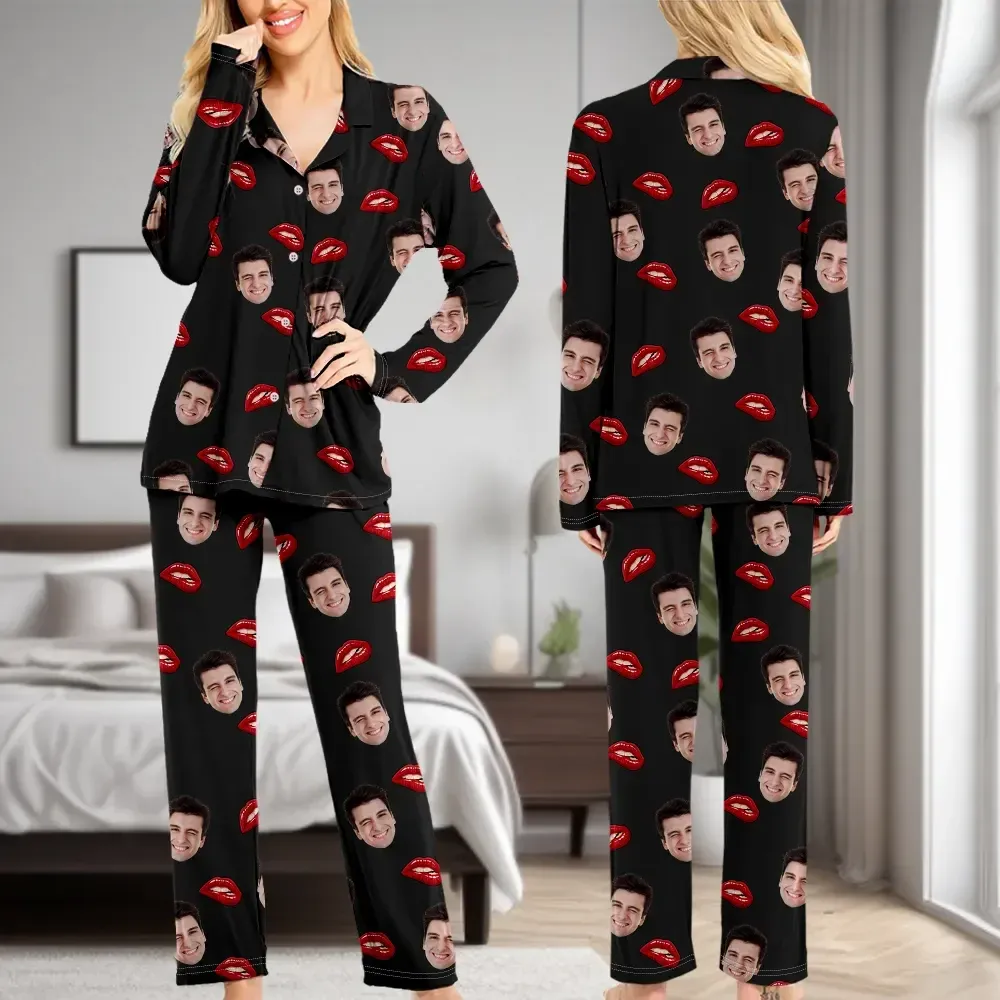 Custom Face Long Sleeve Pajamas Custom Red Lips Photo Pajamas