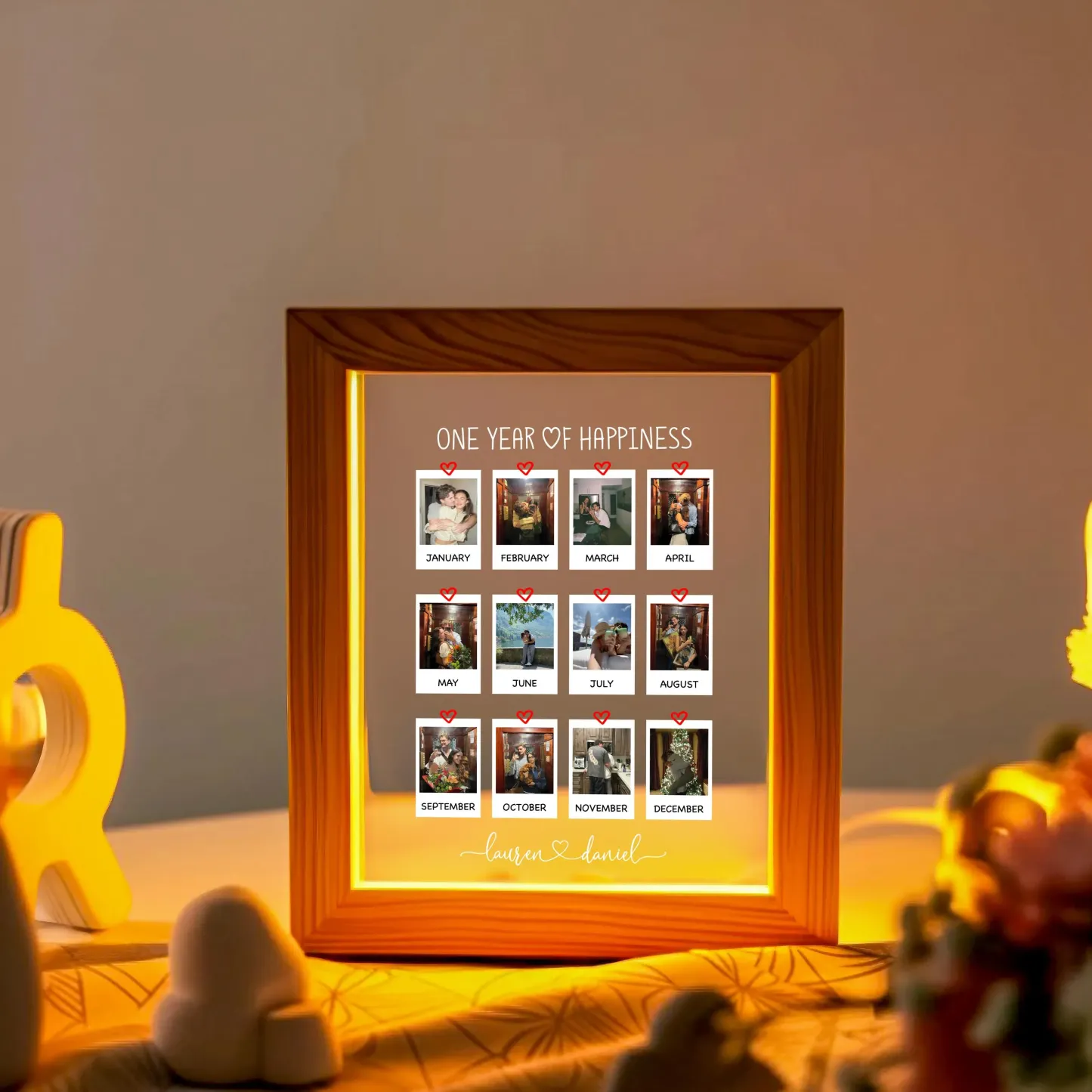 One Year of Happiness Personalized Photo Collage Night Light with Wooden Couple Picture Collage LED Lamp Valentine's Day Gifts