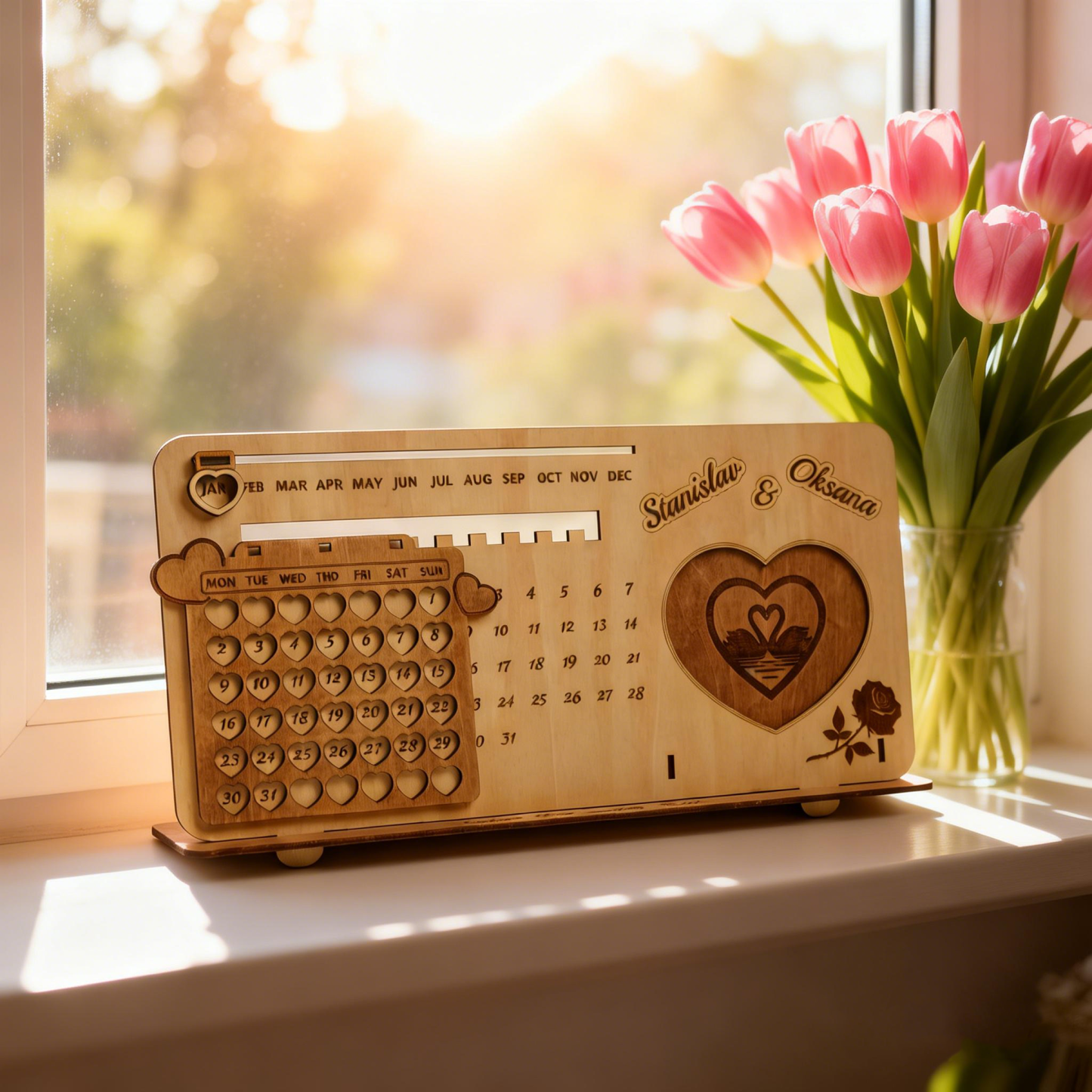 Personalized Photo Perpetual Calendar Custom Infinity Wooden Calendar Engraved Timeless Wooden Perpetual Calendar for Couples Romantic Valentine's Day Gift