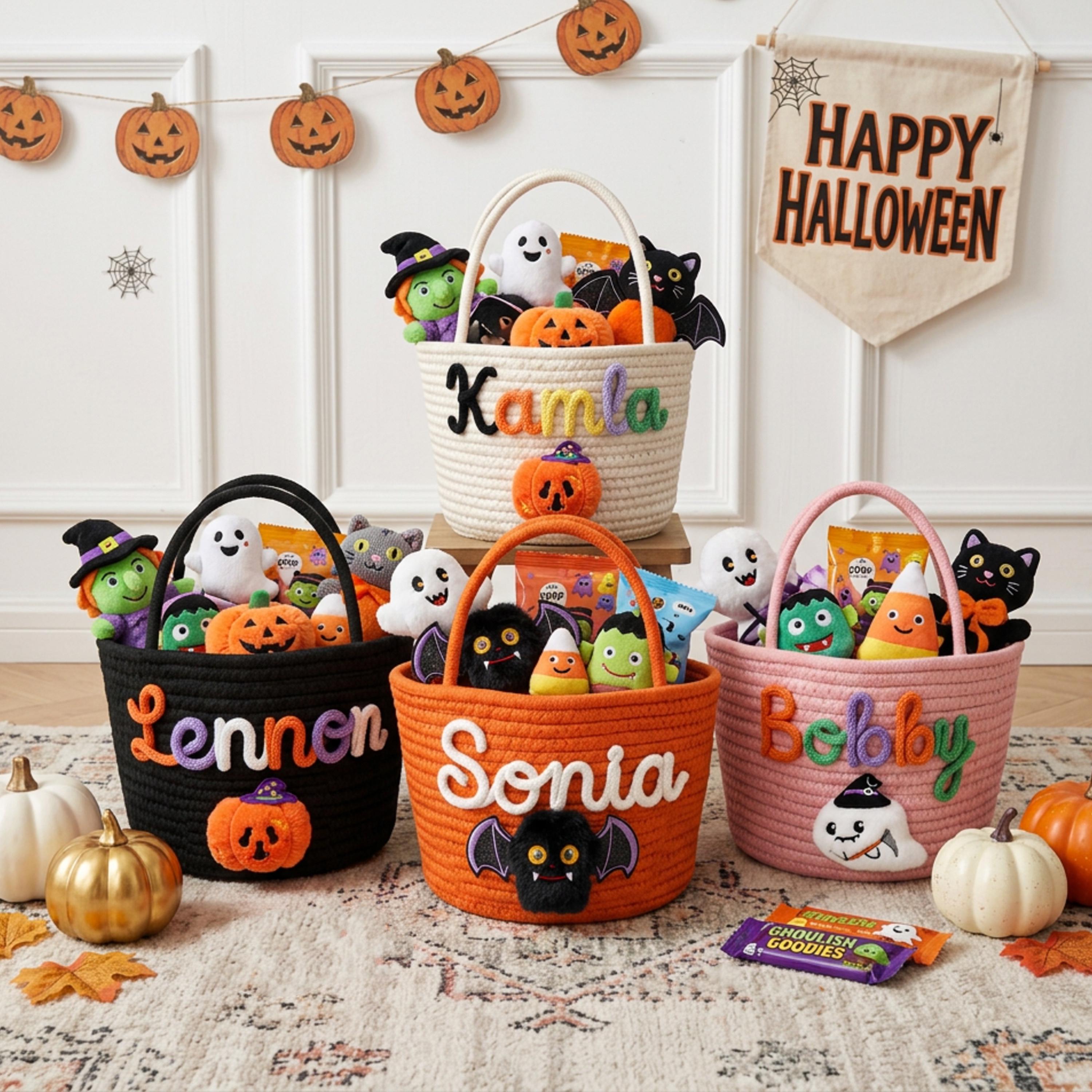 Personalized Halloween Candy Basket Custom Name Trick or Treat Rope Tote Gift for Kids