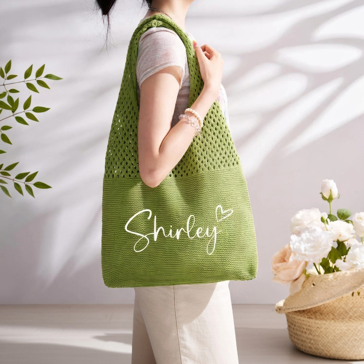 Personalized Name Crochet Tote Bag Custom Script Name Crochet Shoulder Bag Hand Knit Summer Beach Bag Gifts for Her - namenecklace