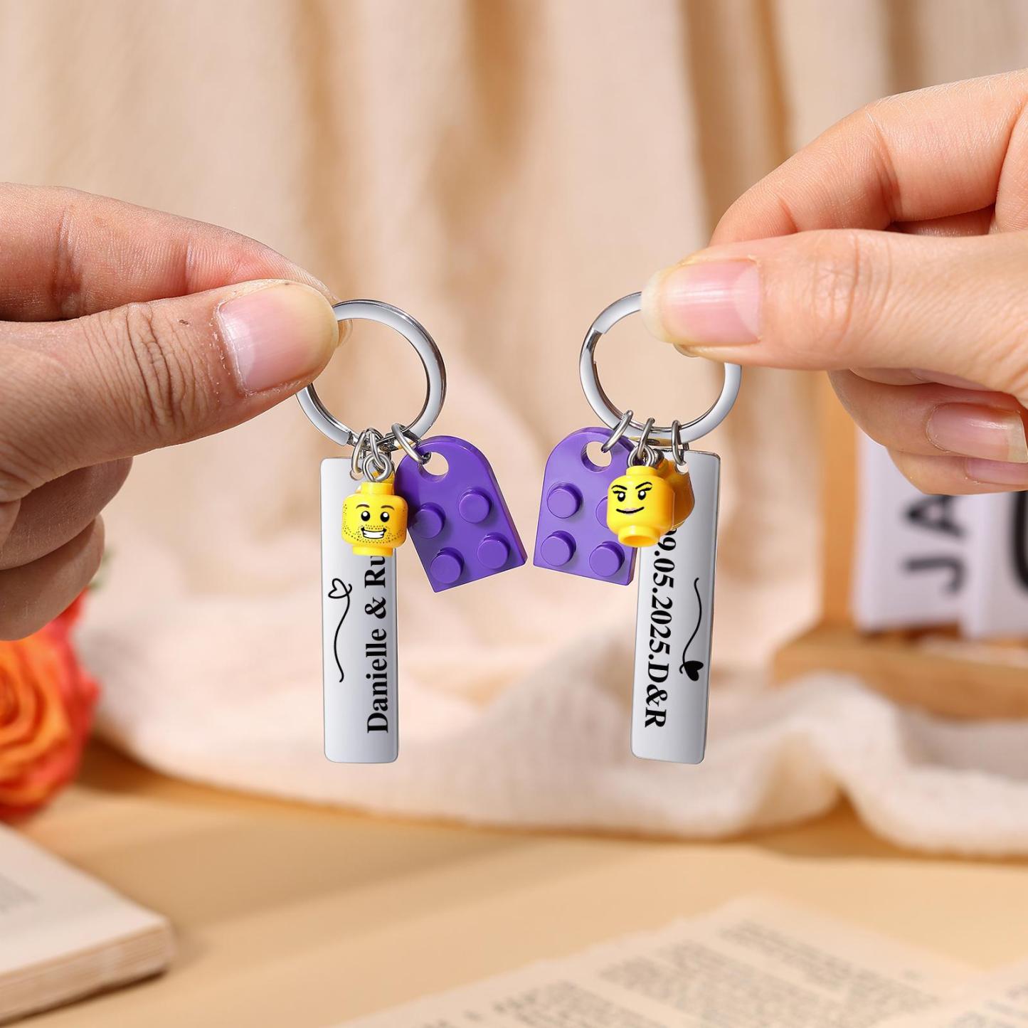 Personalized Building Block Heart KeychainCustom Engraved Couple Keychain Set Stamped Heart Puzzle Keychain Valentine's Day Gifts