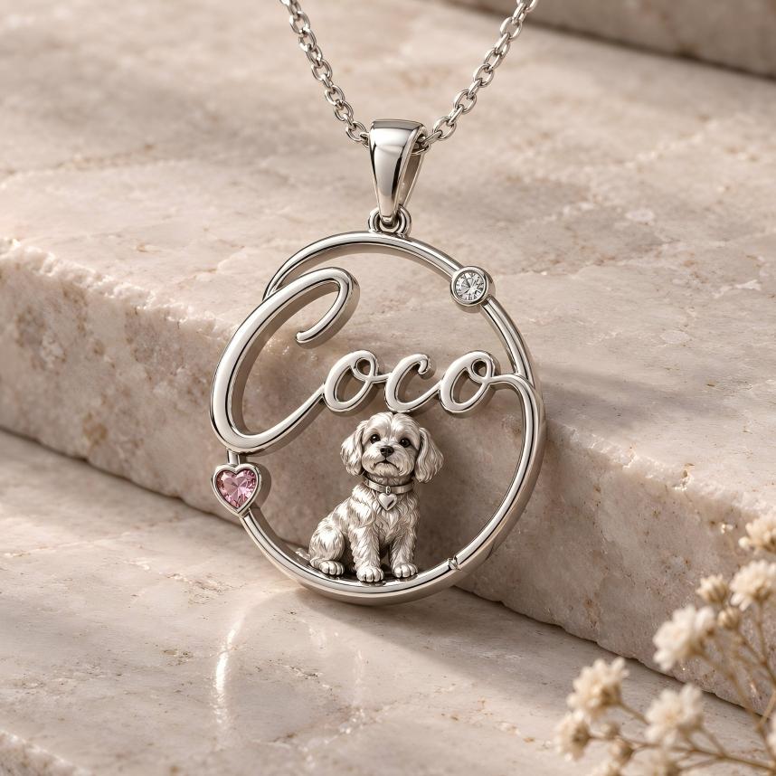 Personalized Pet Name Necklace Custom 3D Photo Necklace in Sculptural 925 Sterling Silver with Pet Portrait & Heart Gemstone Accents Sentimental Jewelry Gift for Pet Lovers - namenecklace