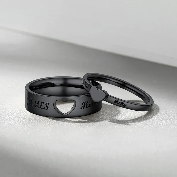 Custom Engraved Heart Couple Rings – Romantic His and Hers Ring Set Engraved His & Hers Rings for Valentine’s