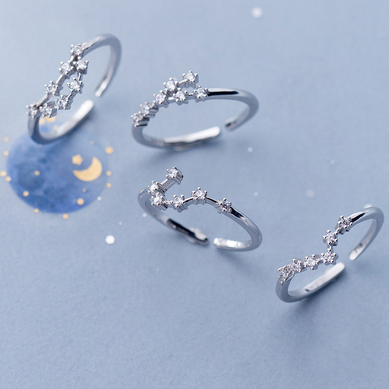 Adjustable Zodiac Constellation Ring - Silver Plated with Cubic Zirconia | Celestial Astrology Jewelry | Dainty Stacking Ring for Her