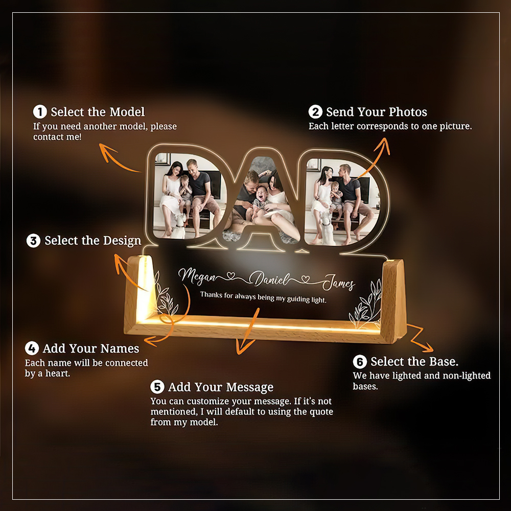Personalized Photo Night Light for Dad/Papa Custom Photo LED Night Light Personalized with Photos & Names Heartfelt Father's Day Gift