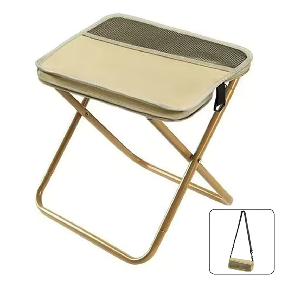 Portable Folding Camping Stool with Integrated Storage Bag & Pockets Lightweight Carbon Steel Outdoor Chair Compact Collapsible Seat 