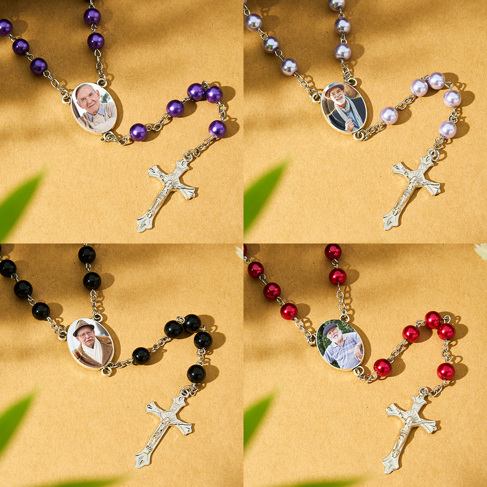 Personalised Rosary Beads with Photo Custom Rosary Beads Cross Multi-Color Necklace Sentimental Rosary Photo Necklace Memorial Gift