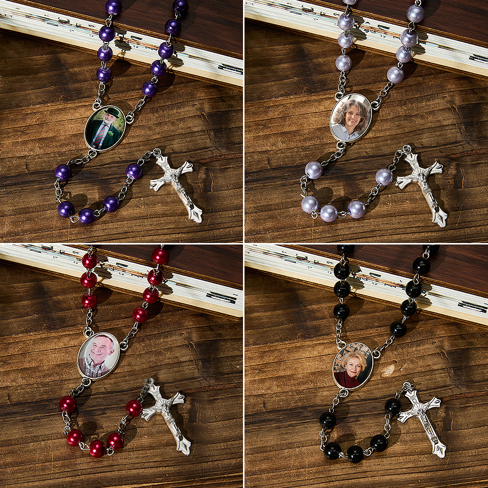 Custom Photo Rosary Beads Personalized Rosary with Photo Custom Rosary Beads Cross Multi-Color Necklace Sentimental Memorial Gift