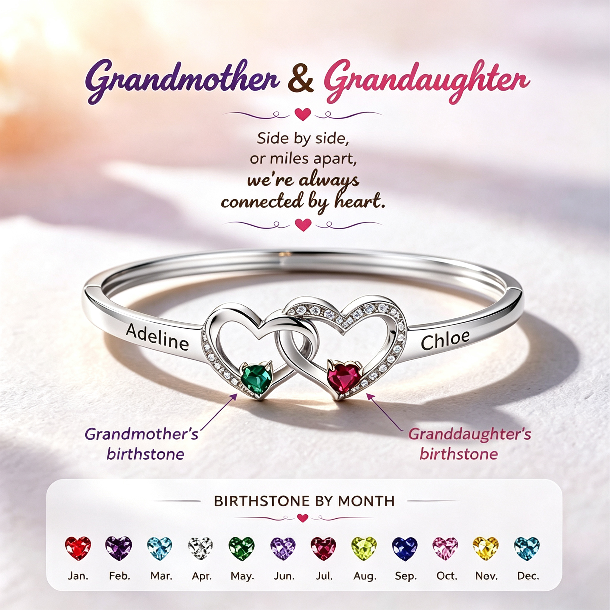 Personalized Two Birthstone Heart Bracelet Custom Engraved Name Bangle Mother Day Gift For Grandmother