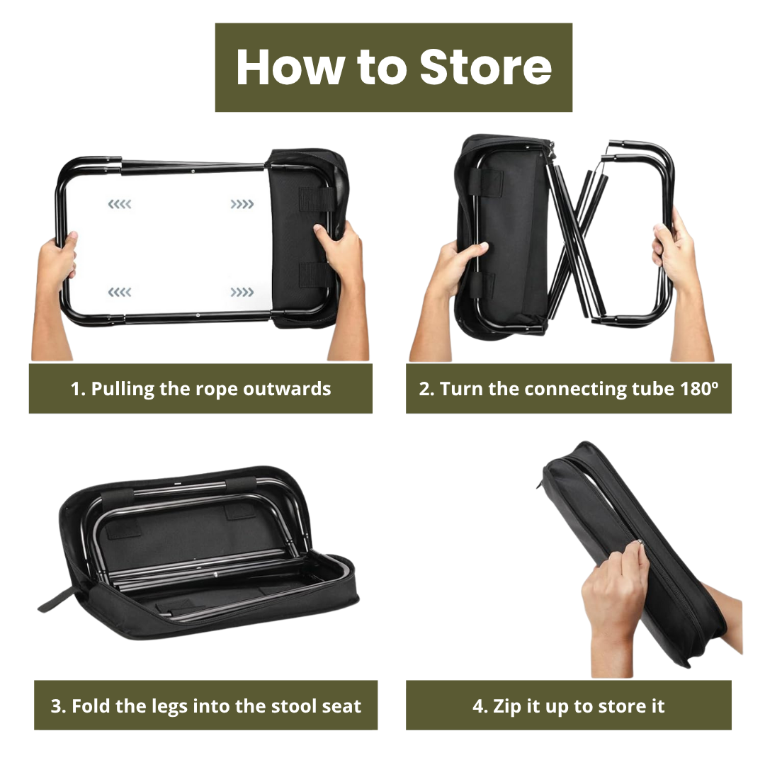 Portable Folding Camping Stool with Integrated Storage Bag & Pockets Lightweight Carbon Steel Outdoor Chair Compact Collapsible Seat 