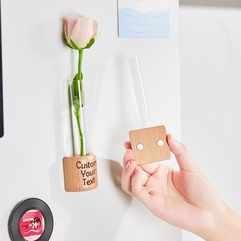 Customized Wood-Colored Refrigerator Magnets Personalized Magnetic Test Tube Vase Flower Holder Creative Decorative Wall-Mounted Hydroponic Vase